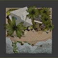 Cartoon Scene With Thatched Hut Palm Trees Small House Staircase Sand Water And Green Plants