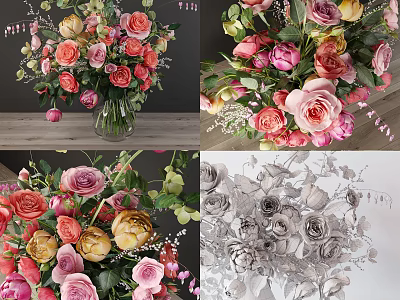 Colorful Flower Bouquets in Glass Vase with Roses Pink Yellow Blooms and Green Leaves 3d model