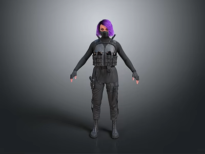 Purple Haired Tactical Character In Black Gear With Mythical Creature 3d model