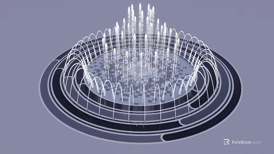 Circular Fountain With Arched Structures Multiple Water Jets And Checkerboard Floor Design 3d model