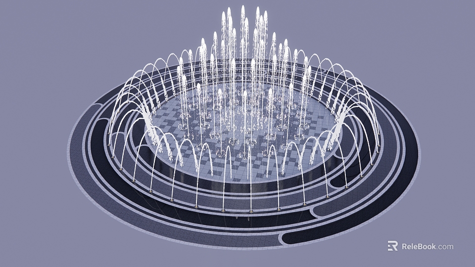 Circular Fountain With Arched Structures Multiple Water Jets And Checkerboard Floor Design 3d model 