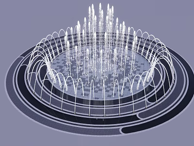 Circular Fountain With Arched Structures Multiple Water Jets And Checkerboard Floor Design 3d model