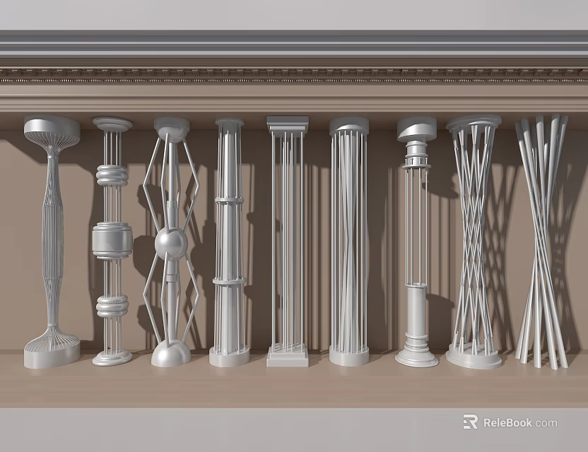White Decorative Columns With Various Classical Modern Designs Arranged On Display Shelf 3d model 