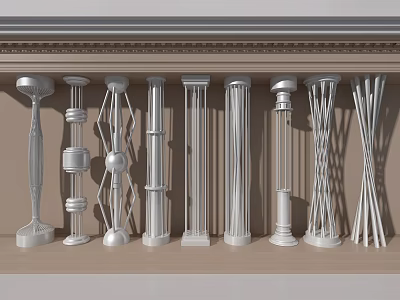 White Decorative Columns With Various Classical Modern Designs Arranged On Display Shelf 3d model