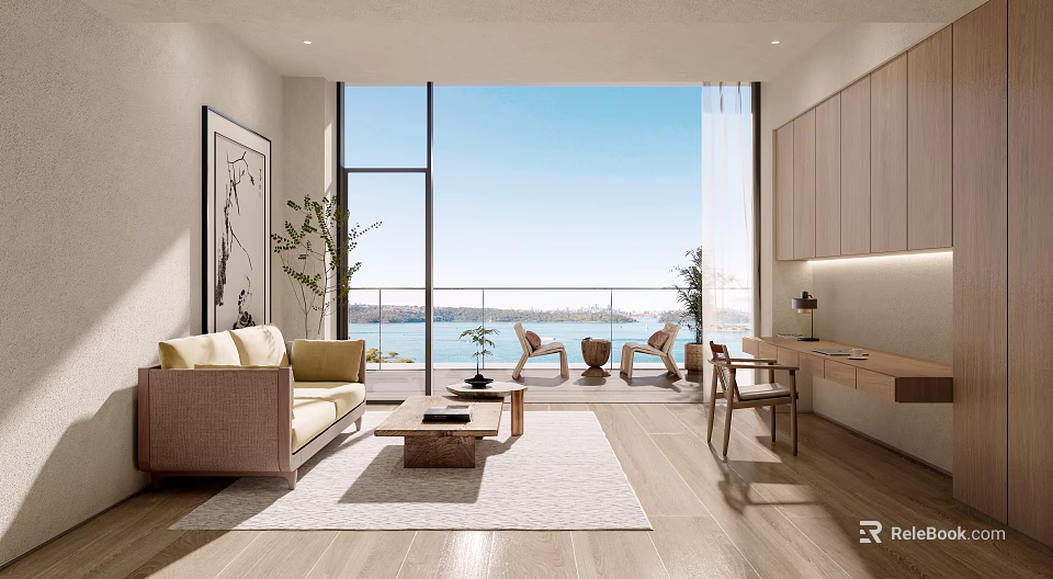 Modern Study Room Interior With Ocean View And Large Windows 3d model 