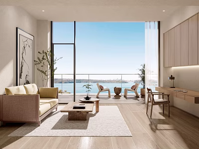 Modern Study Room Interior With Ocean View And Large Windows 3d model