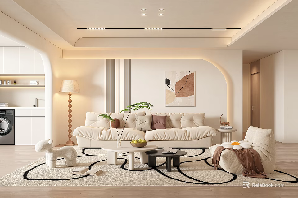 Modern Living Room with Beige Sofa Rug Floor Lamp Artwork Green Plant and Coffee Tables 3d model 
