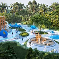 Outdoor Children's Playground with Slide Blue Water Features Play Structures and Green Trees