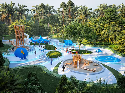 Outdoor Children's Playground with Slide Blue Water Features Play Structures and Green Trees 3d model