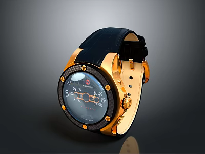 Luxury Fashion Wrist Watch With Black Leather Strap Gold Dial And Crystal Accents Design 3d model