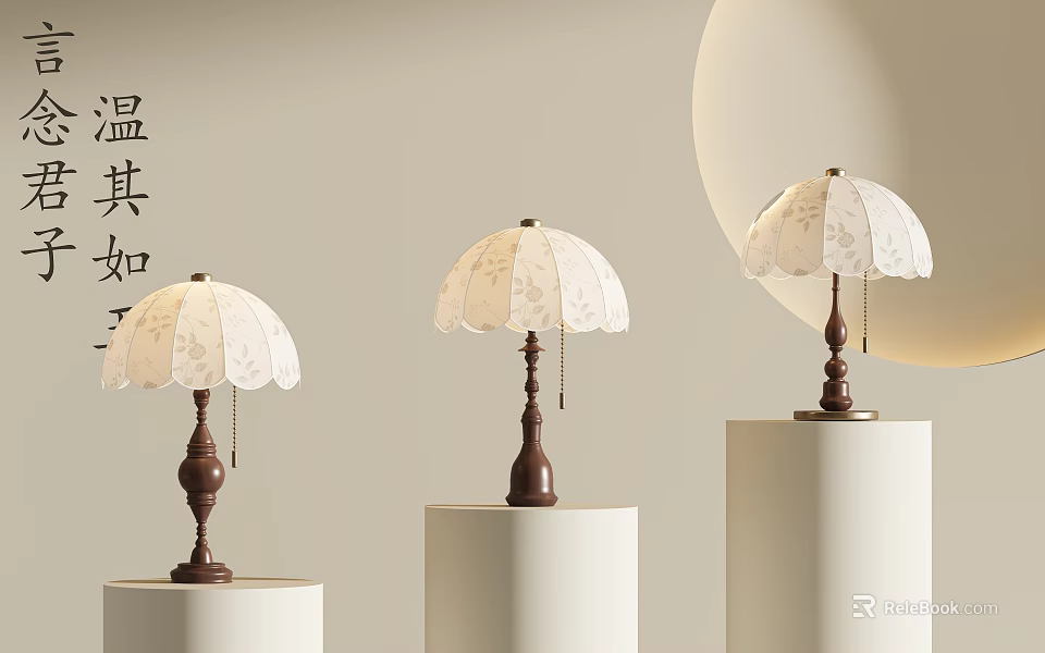 Elegant Table Lamps With White Lace Shades And Brown Bases On White Cylindrical Pedestals 3d model 