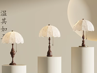 Elegant Table Lamps With White Lace Shades And Brown Bases On White Cylindrical Pedestals 3d model