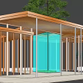 Modern Wooden Pergola With Vertical Slats Roof Beams Green Plants And Blue Accents