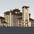 Classical Style Hotel Building With Multi Story Structure And Clock Tower Entrance 3d model