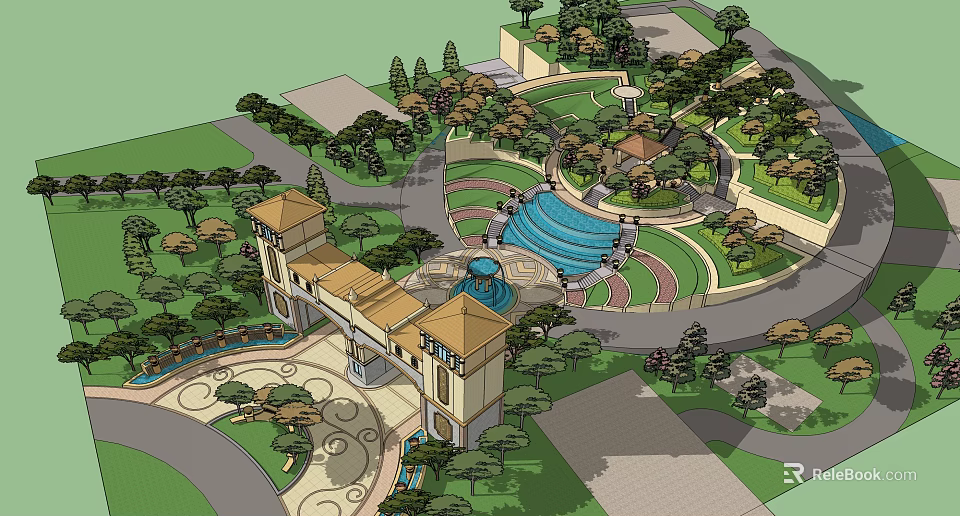 Exquisite Garden Landscape Design Featuring Fountains Trees Pathways And Architectural Structures 3d model