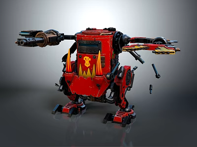 Mechanical Robot Character With Red Armor Weapon Arm Flame Patterns And Monkey Emblem 3d model