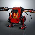 Mechanical Robot Character With Red Armor Weapon Arm Flame Patterns And Monkey Emblem 3d model