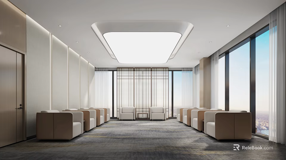 Modern Lounge Area Interior With Beige Sofas Large Windows And Gray Carpet 3d model 