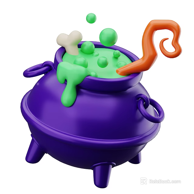 Decorative Halloween Ornament Set With Purple Cauldron Green Liquid Bone Green Balls And Orange Curl 3d model 