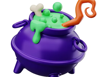 Decorative Halloween Ornament Set With Purple Cauldron Green Liquid Bone Green Balls And Orange Curl 3d model