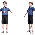 Boy In Blue Denim Short Sleeve Shirt With Cartoon Graphic Black Shorts White Socks Sneakers