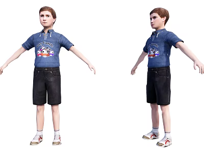 Boy In Blue Denim Short Sleeve Shirt With Cartoon Graphic Black Shorts White Socks Sneakers 3d model