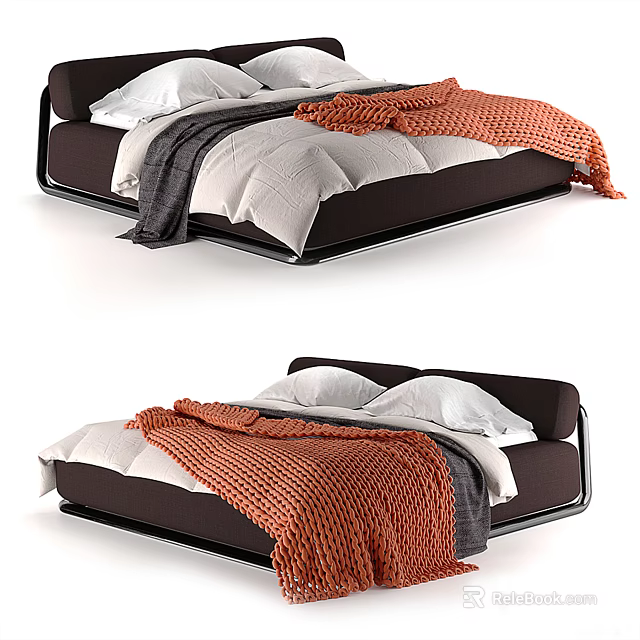 Modern Double Bed Design With White Sheets Pillows Orange And Gray Blankets 3d model 