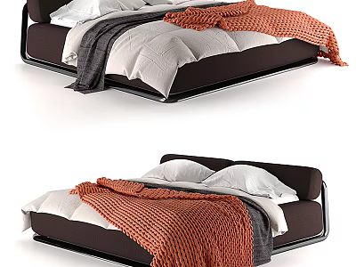 Modern Double Bed Design With White Sheets Pillows Orange And Gray Blankets 3d model