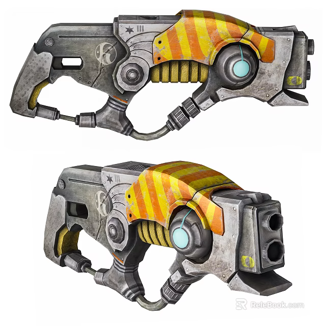 Futuristic Mechanical Device With Metallic Body Yellow Orange Stripes And Blue Circular Components 3d model 