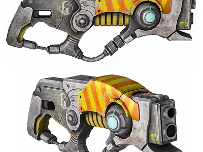 Futuristic Mechanical Device With Metallic Body Yellow Orange Stripes And Blue Circular Components 3d model
