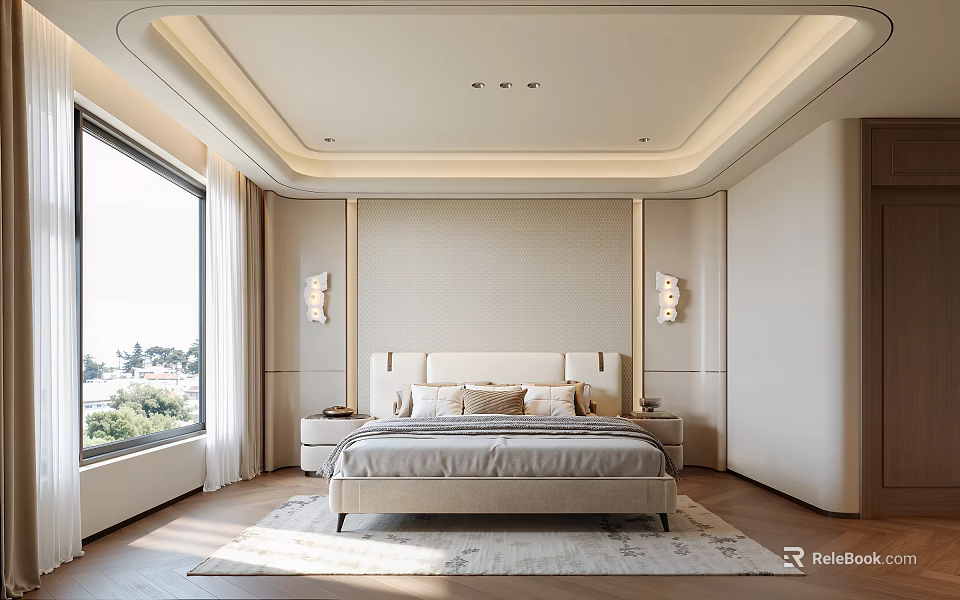 Elegant Modern Bedroom Interior With Upholstered Bed Wall Sconces And Large Windows 3d model 