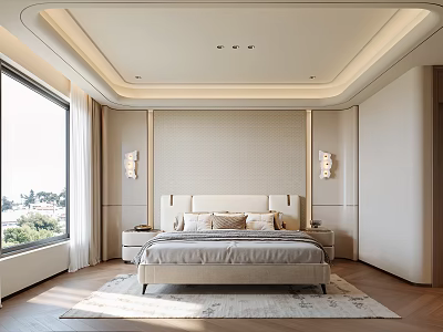 Elegant Modern Bedroom Interior With Upholstered Bed Wall Sconces And Large Windows 3d model