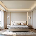 Elegant Modern Bedroom Interior With Upholstered Bed Wall Sconces And Large Windows