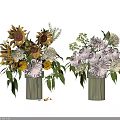 Vibrant Flower Bouquets in Striped Vases with Sunflowers Pink White Blooms and Green Leaves