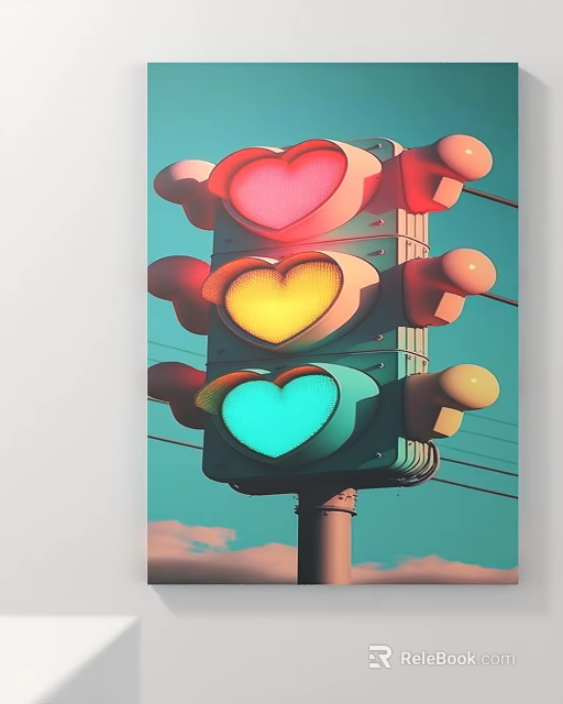 Colorful Heart Shaped Traffic Light With Pink Yellow Blue Lamps And Blue Sky 3d model 