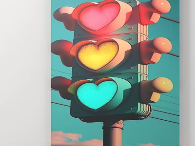 Colorful Heart Shaped Traffic Light With Pink Yellow Blue Lamps And Blue Sky 3d model