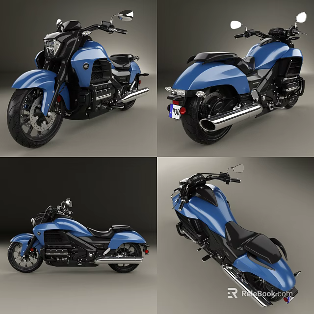 Blue Cruiser Motorcycle With Sleek Design Black Seat And Chrome Exhaust Pipes 3d model 
