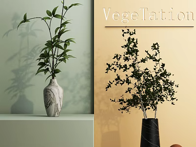Decorative Marble And Black Vases With Green Leaf Plants And Wall Shadow 3d model