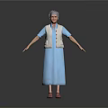 Elderly Woman in Blue Dress and White Vest with Gray Hair and Arms Outstretched