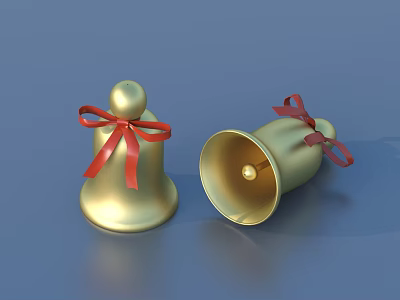 Two Golden Decorative Bells With Red Bows For Household Decoration 3d model