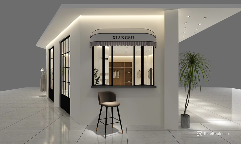 Modern Clothing Store With White Walls Large Windows High Chair And Potted Plant 3d model 