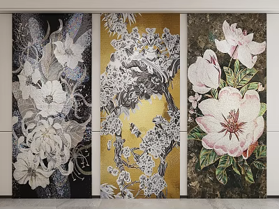 Three Panels Of Decorative Flower Artworks With Varied Styles 3d model