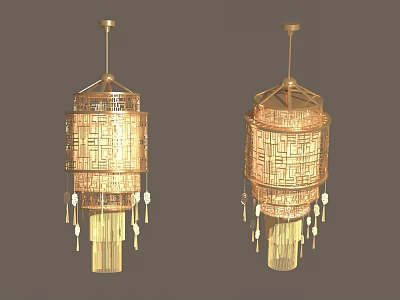 Traditional Gold Ceiling Pendant Lamps with Lattice Design and Hanging Tassels 3d model