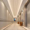 Elegant Hotel Lobby Interior With Beige Walls Striped Ceiling Reception Counter And Large Paintings