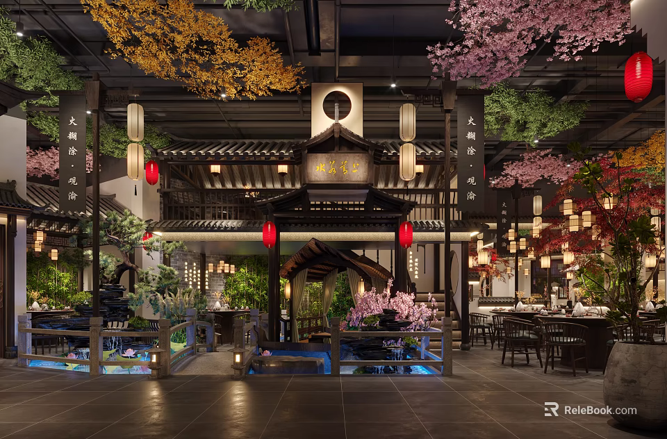 Traditional Chinese Restaurant Interior With Cherry Blossom Trees Lanterns And Water Features 3d model 