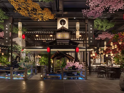 Traditional Chinese Restaurant Interior With Cherry Blossom Trees Lanterns And Water Features 3d model