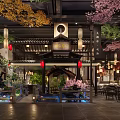 Traditional Chinese Restaurant Interior With Cherry Blossom Trees Lanterns And Water Features