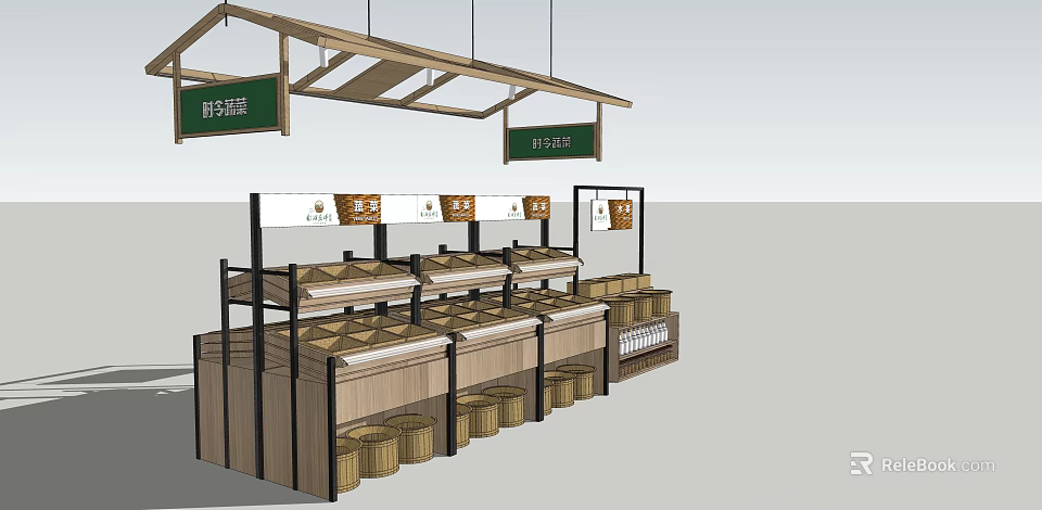 Wooden Retail Display Shelves With Green Signs For Fruit Vegetable Section And Baskets 3d model 
