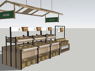 Wooden Retail Display Shelves With Green Signs For Fruit Vegetable Section And Baskets 3d model