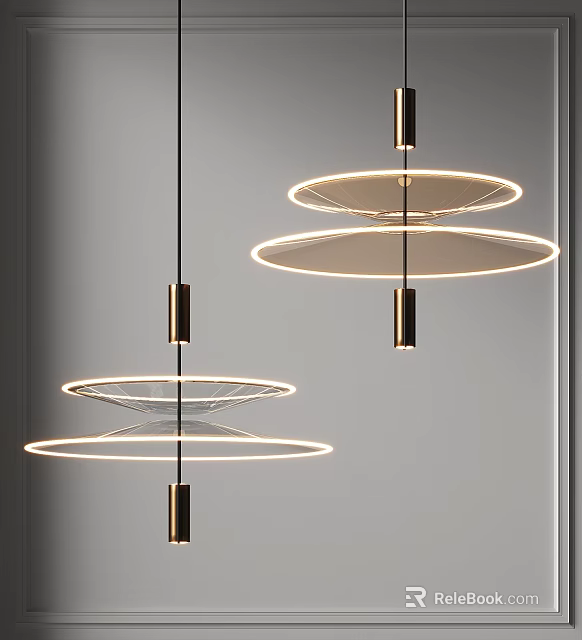 Sleek Modern Pendant Lights With Multiple Circular Rings And Metallic Frame Design 3d model